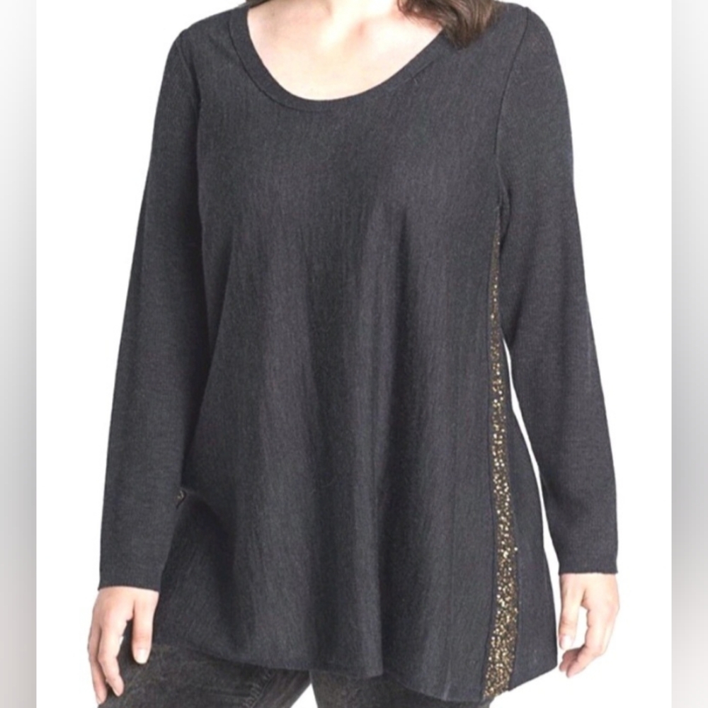 Eileen Fisher 100% Merino Wool Charcoal Gray Tunic Top Gold Sequins XL Lagenlook